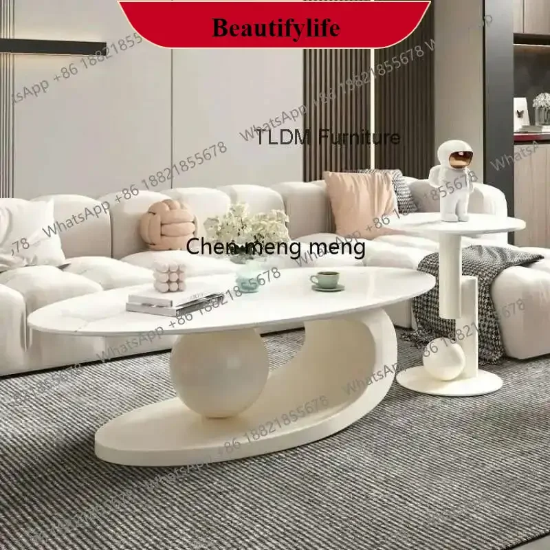 M138Italian Light Luxury Coffee Table for Office High-end Rock Board Smooth Tables Cream Style Unique Oval Side Table for Apart