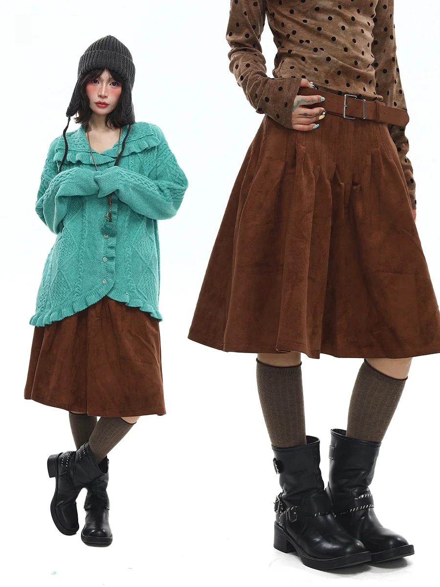 

Женская плиссированная юбка Sanowers в американском ретро-стиле из замши, средней длины, с завышенной талией, облегающая, для коррекции фигуры