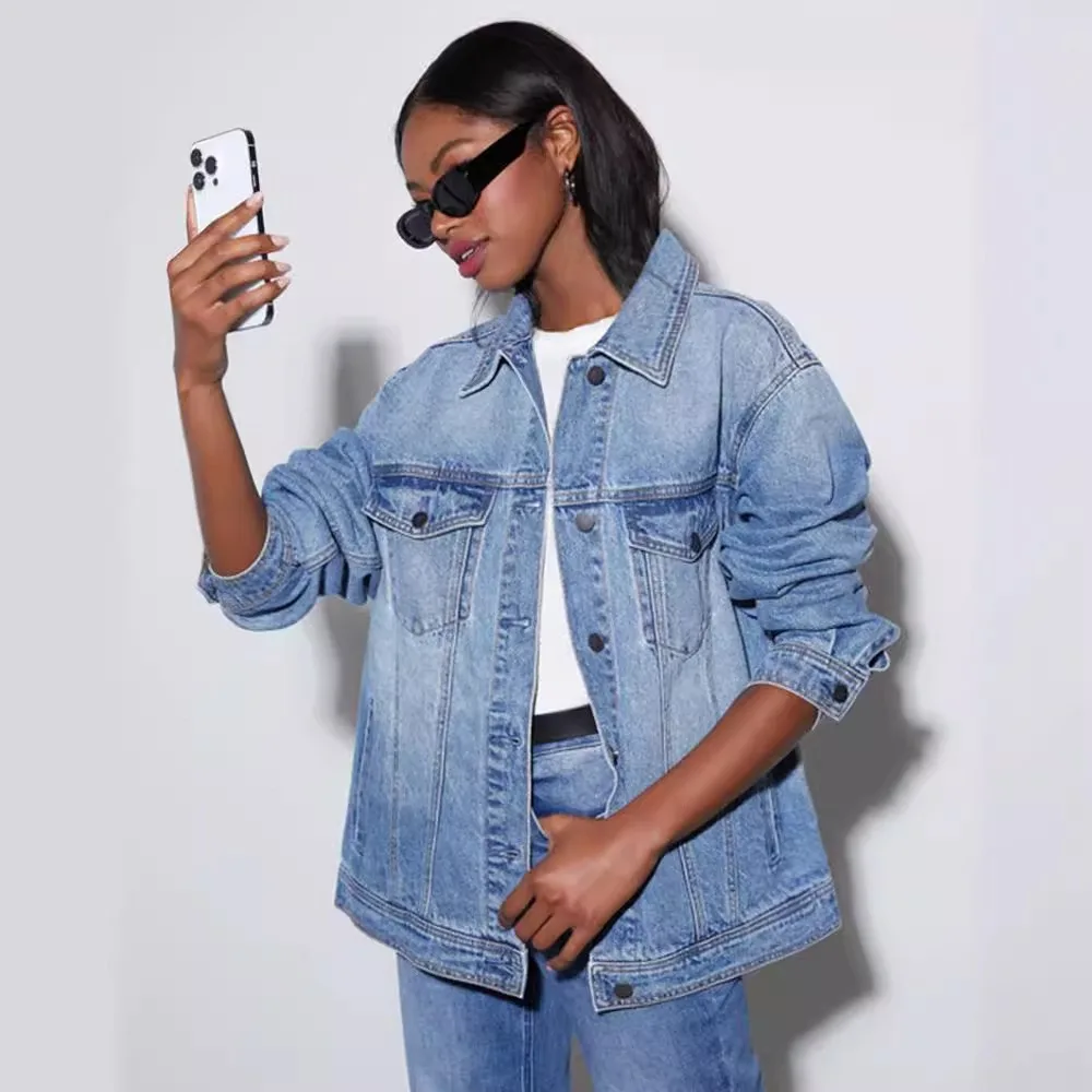 Women Washed Denim Jacket Loose Fit Oversized Casual Trucker Outerwear Breathable Soft Flattering Daily Commute Layering Comfy