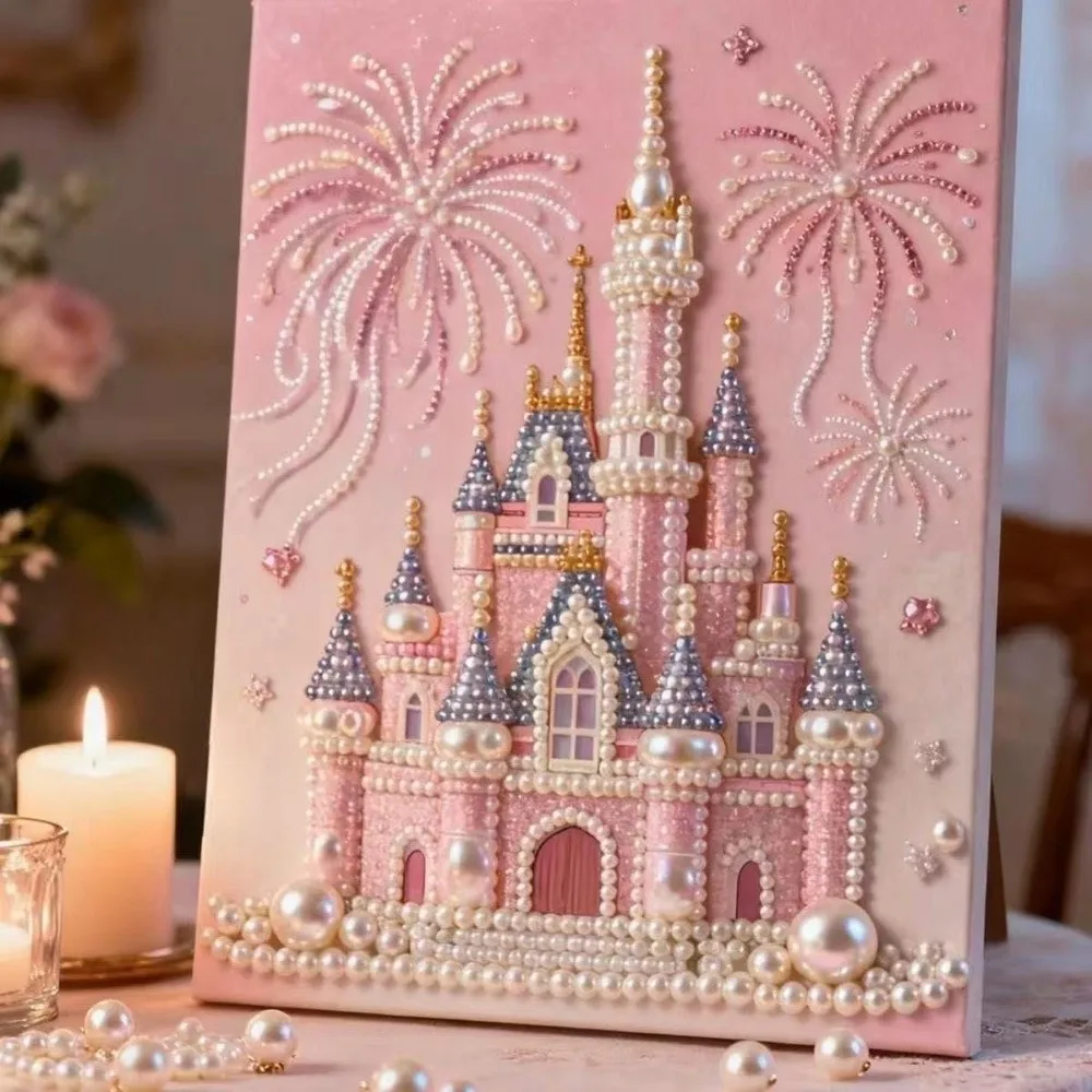 3D Creative Pearl Painting Kit Stereo Stickers Decorative Painting DIY Beading Art Kit Handmade Material Set Castle Pattern