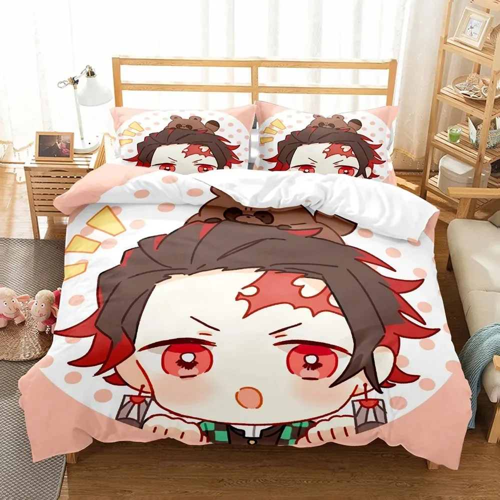 3D Anime Demon Slayer Duvet Cover Sets with Pillow Cover Polyester Teens Kids Bedding Set Full Queen King Size Cartoon Bed Linen