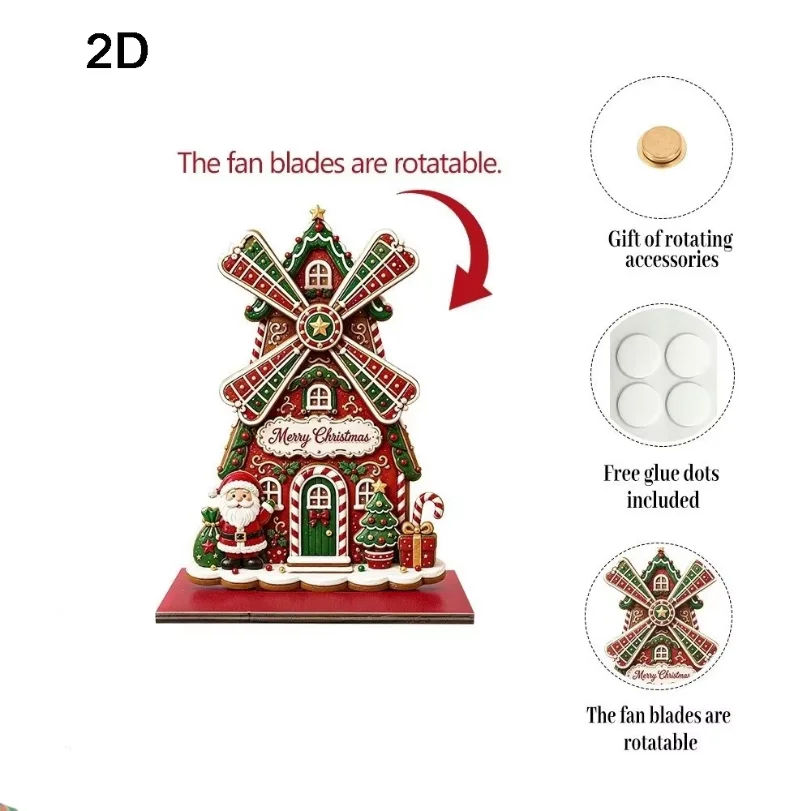 2D Flat Wooden Christmas Windmill House Ornament Multi‑Color Freestanding Christmas Village Decoration Santa Claus Exquisite