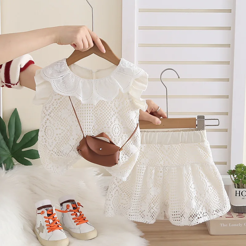 2025 Summer Toddler Girls Outfits Korean Fashion Solid Color Lace Hollow Doll Collar Top + Shorts Set with Mini Bag Kids Clothes