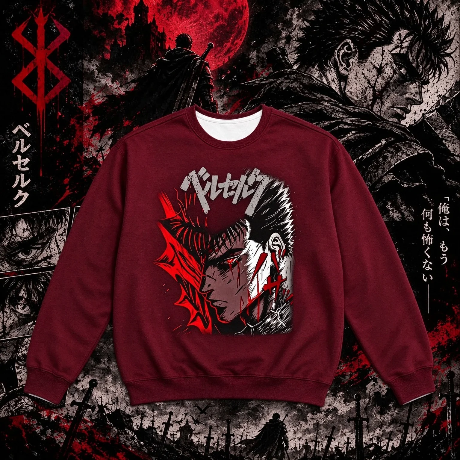 Guts Anime Printed Round Neck Thin Velvet Hoodie Gothic Dark Fantasy Y2K Street Style Loose Long Sleeve Hoodie Top