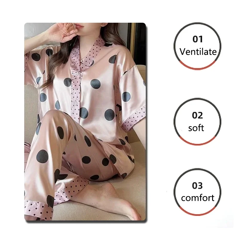 Ladies Silk Pajama Button up Top and Pants Women's Sleepwear Homewear Two-Piece Set V-Neck Printed Luxury Nightwear Thailand