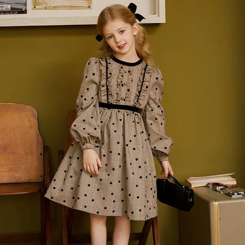 

2023 Fall Plaid Teen Girls Stereoscopic Velvet Dot Dress Bow Baby Kid Retro Princess Dress Children Elegant Clothes Plaid, #6637