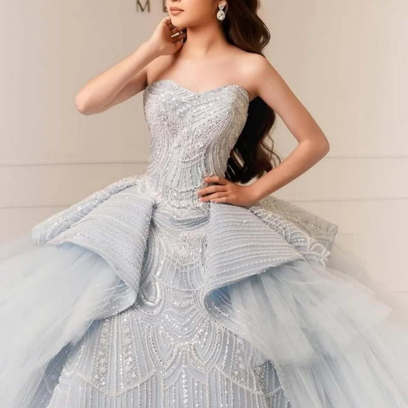 

Блестящие голубые платья Quinceanera по индивидуальному заказу с открытыми плечами и аппликацией из пайеток, длинный хвост, кружевное многослойное платье 15, Quinceanera