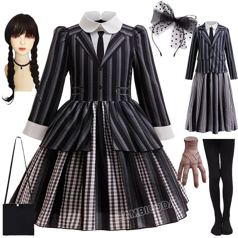 

Костюм для косплея «Адамс Синий Среда 2» 205, школьная черная форма в полоску для девочек, готический костюм, платье, праздничная одежда на Хэллоуин