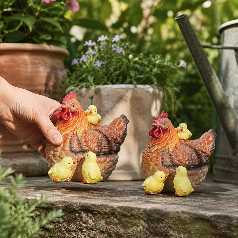 Country Style Resin Hen Chicks Family Figurine Set Farm Animal Statue for Cottage Garden Balcony Stone Table Decor Accent view 4