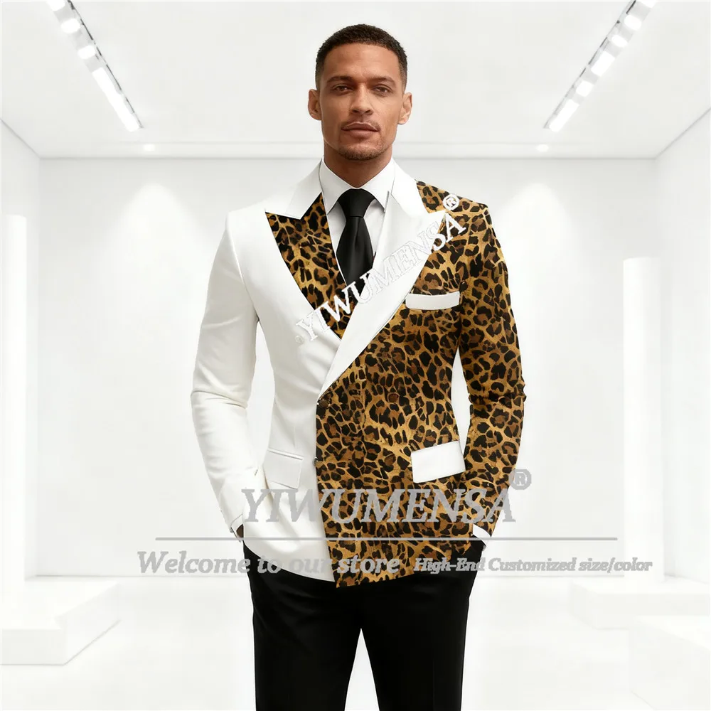 Setelan Jas Pria Desain Unik Motif Leopard untuk Pernikahan 2 Potong Set Jaket Double Breasted Celana Jas Prom Kustom