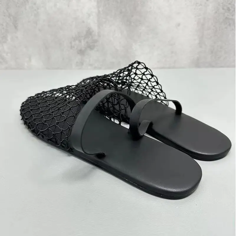 

New Summer Fish Net Woven Hollow Roman Sandals Women Round Toe Breathable Flat Shoes Party Casual Mules Slip On Half Slippers