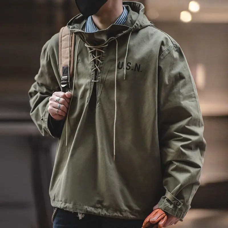 Retro American Workwear Style Short Coat Jacket Men's WWII Naval Deck Coat Bad Weather Hooded Sweatshirt Male Boarding Jacket