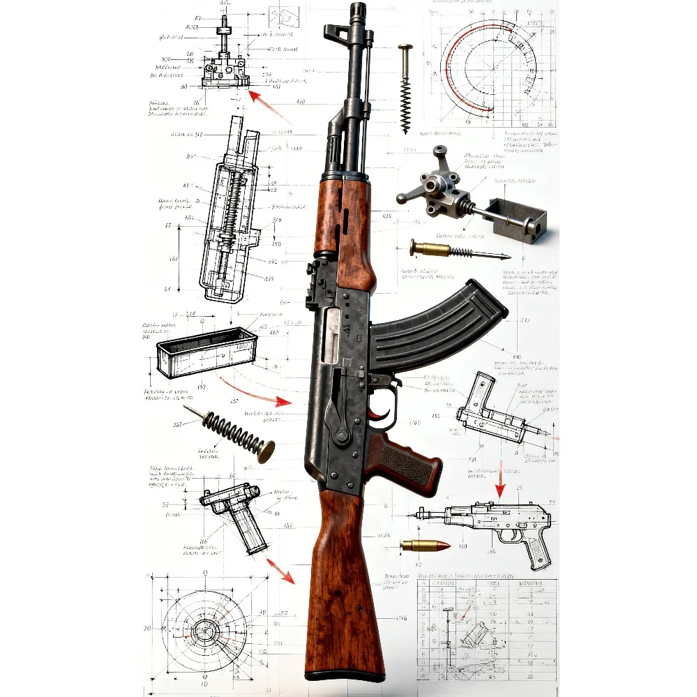 Plan de démontage de la carabine d'assaut AK-47 – Schematique de fusil militaire soviétique, plaque en aluminium pour la décoration murale de la cave des hommes et du garage