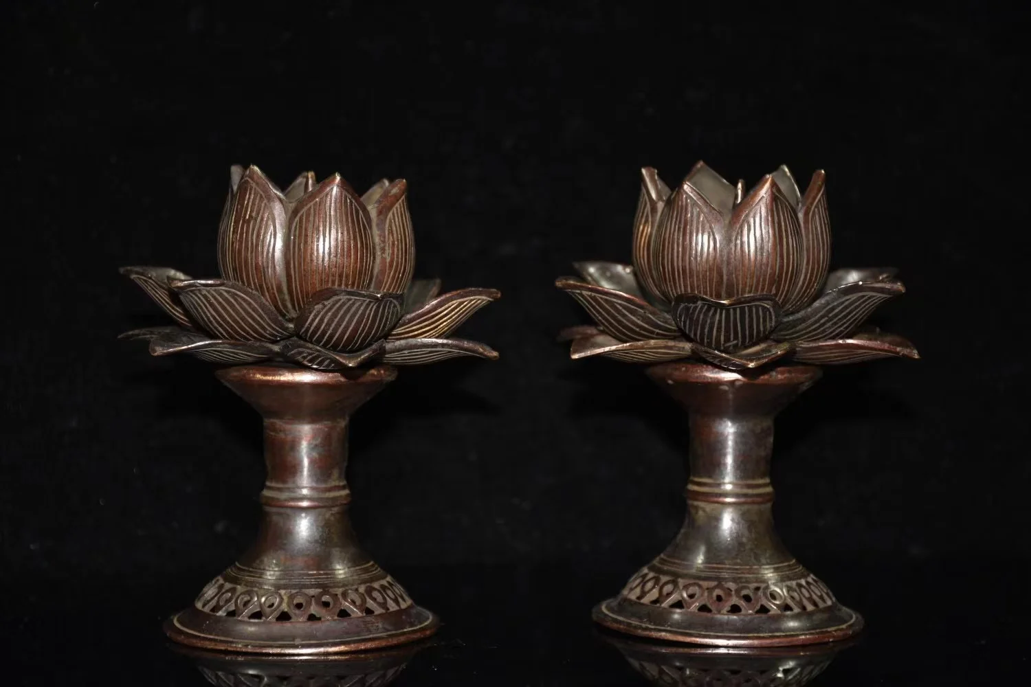 Old Qing Dyansty copper Lotus lamp stand statue,A Pair,Handmade