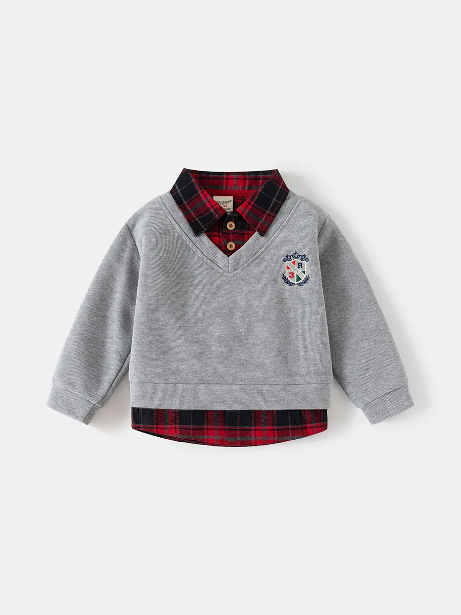 2026 Frühling Kinderkleidung Hoodie Jungen Preppy-Stil Fake-Zweiteiler Sweatshirt Karierter Kragen Langarm Besticktes Jungen-Oberteil – Detail 13