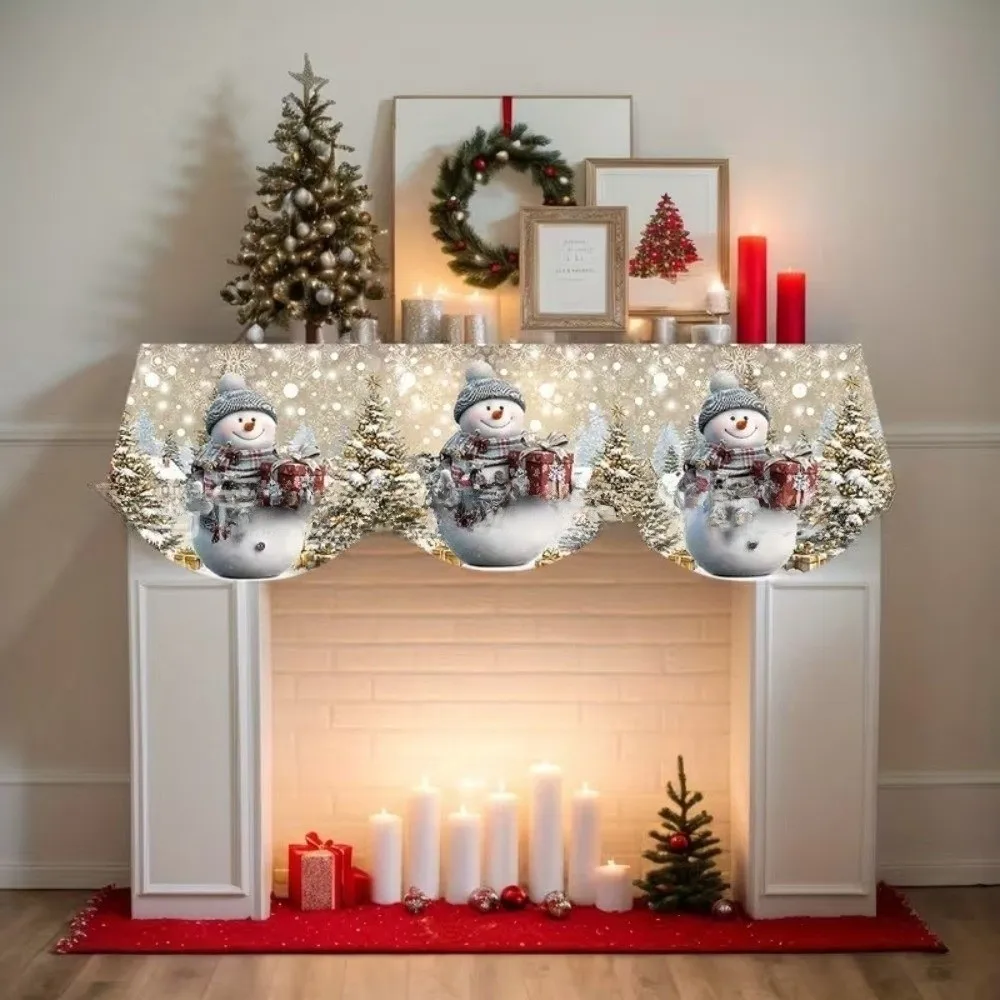 Santa Claus Christmas Fireplace Mantel Scarf Snow Landscape Snowman Mantel Topper Decorative Home Decor Fireplace Shelf Cover