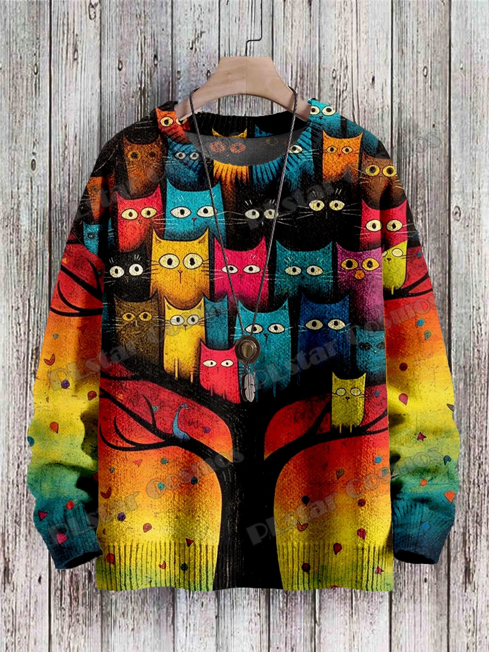 

Retro Cat Tree & Colorful Cute Cat Pattern 3D Printed Men's Knitted Pullover Winter Unisex Casual Knit Pullover Sweater ZZM54