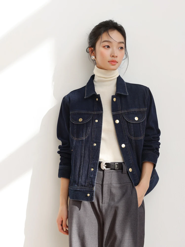

Sli Denim Cotton Stand Collar Patch ket Jaet for Women Autumn New Arrival Commute Sle Long Sve Button Closure