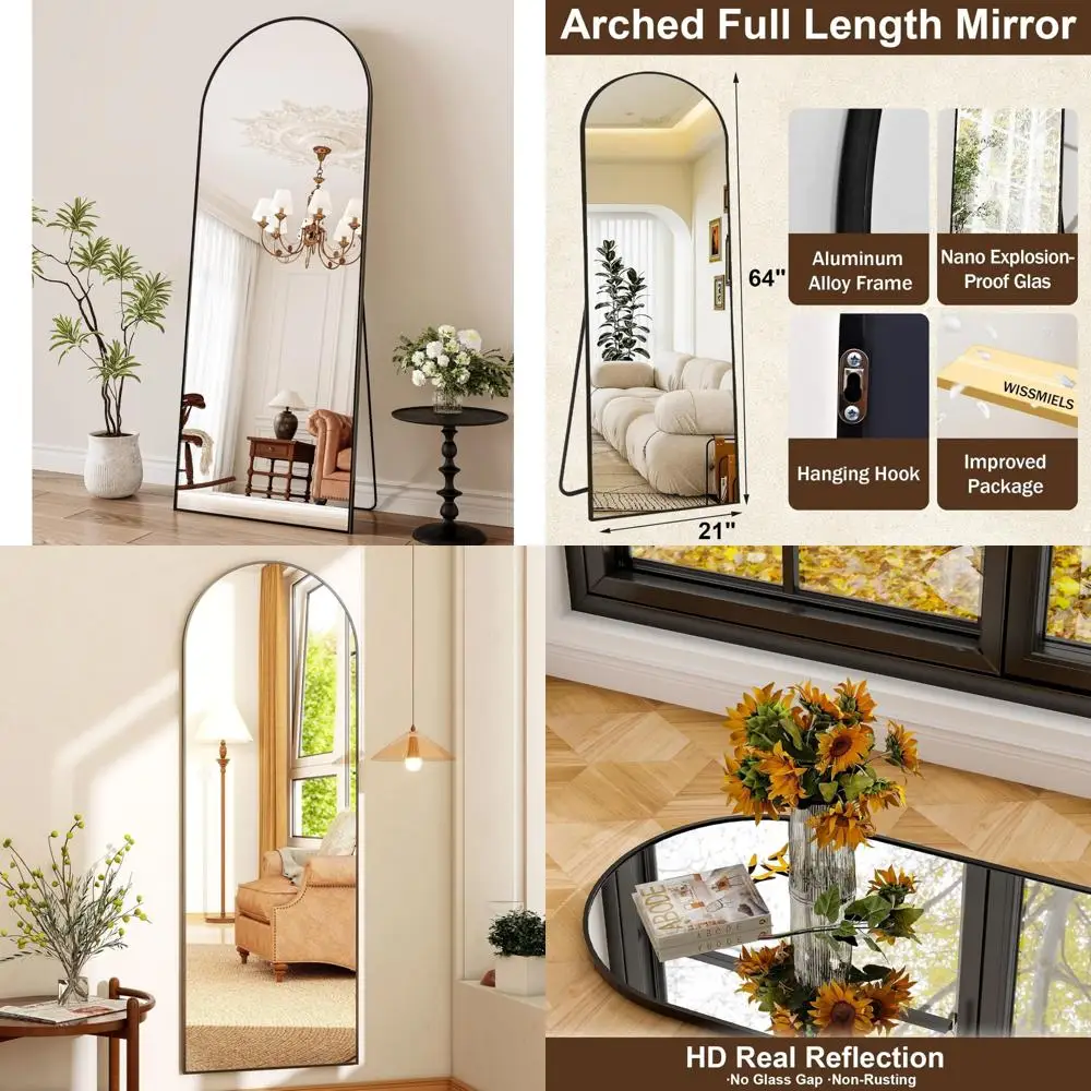 Gebogen, aan de muur gemonteerde spiegel met aluminium frame over de volledige lengte voor badkamer, woonkamer en slaapkamer