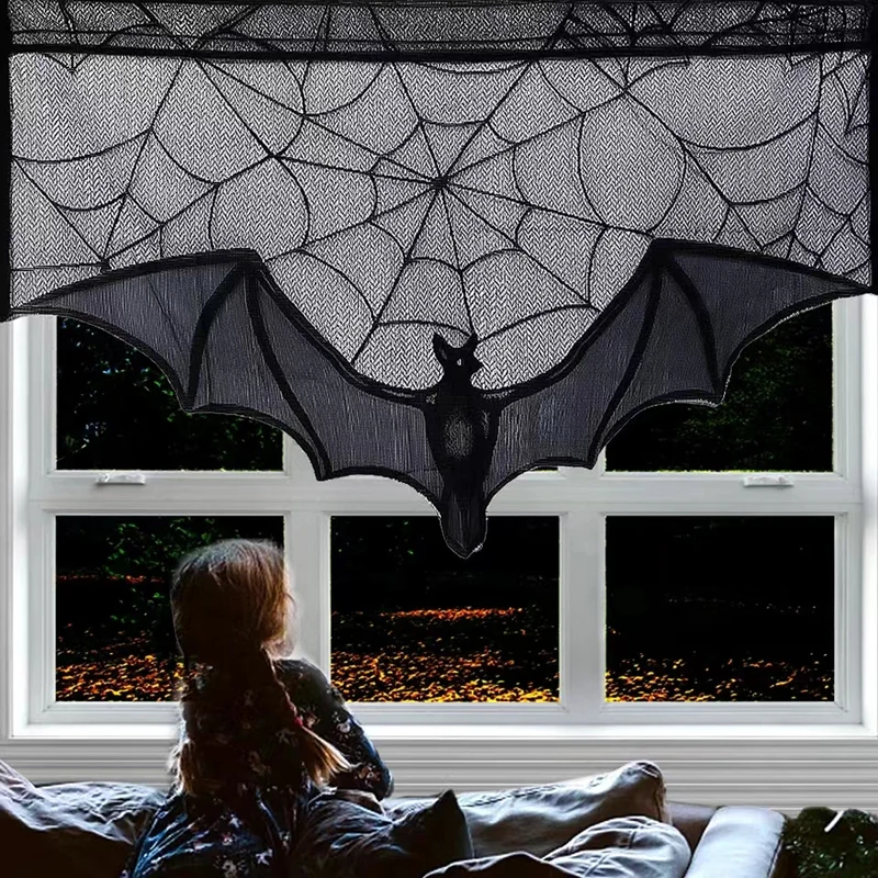 1pc Halloween Lace Curtain Black Bat Spider Tablecloth Fireplace Mantel Scarf Cover Halloween Home Room Cobweb Horror Decoration