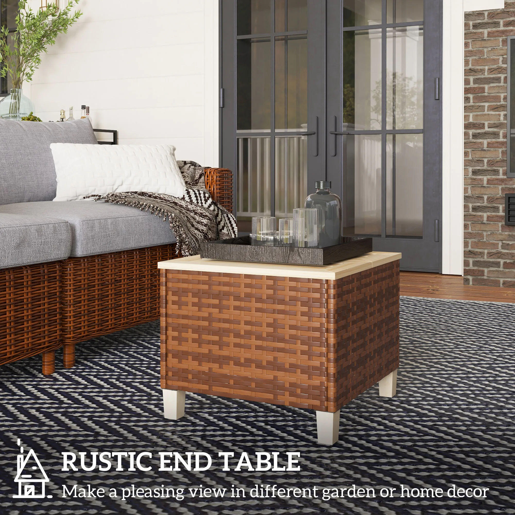 Compact brown PE rattan side table with natural wood top for tight outdoor spaces