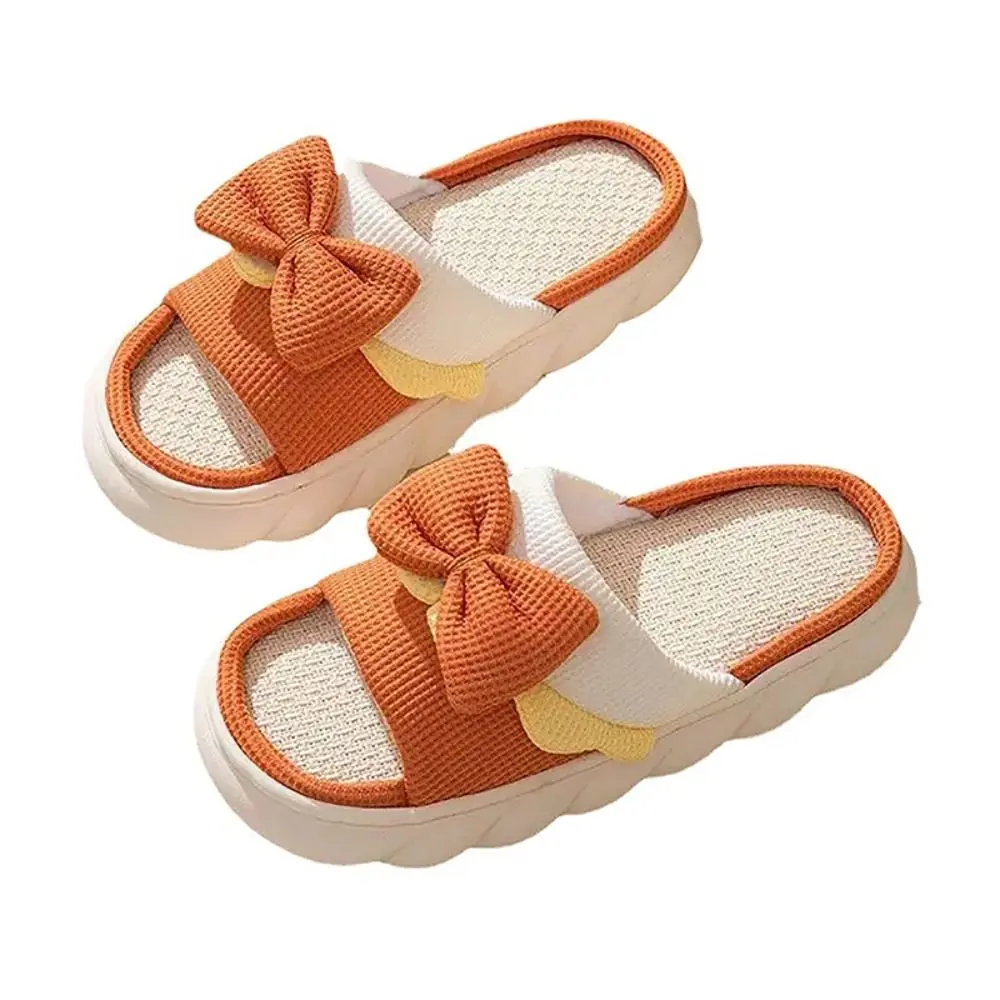 1 Pair Non-Slip Bowknot Woman Linen Slippers Thick Sole Toe and Hole Bowknot Slippers Summer Spring Bowknot Soft Woman Slides
