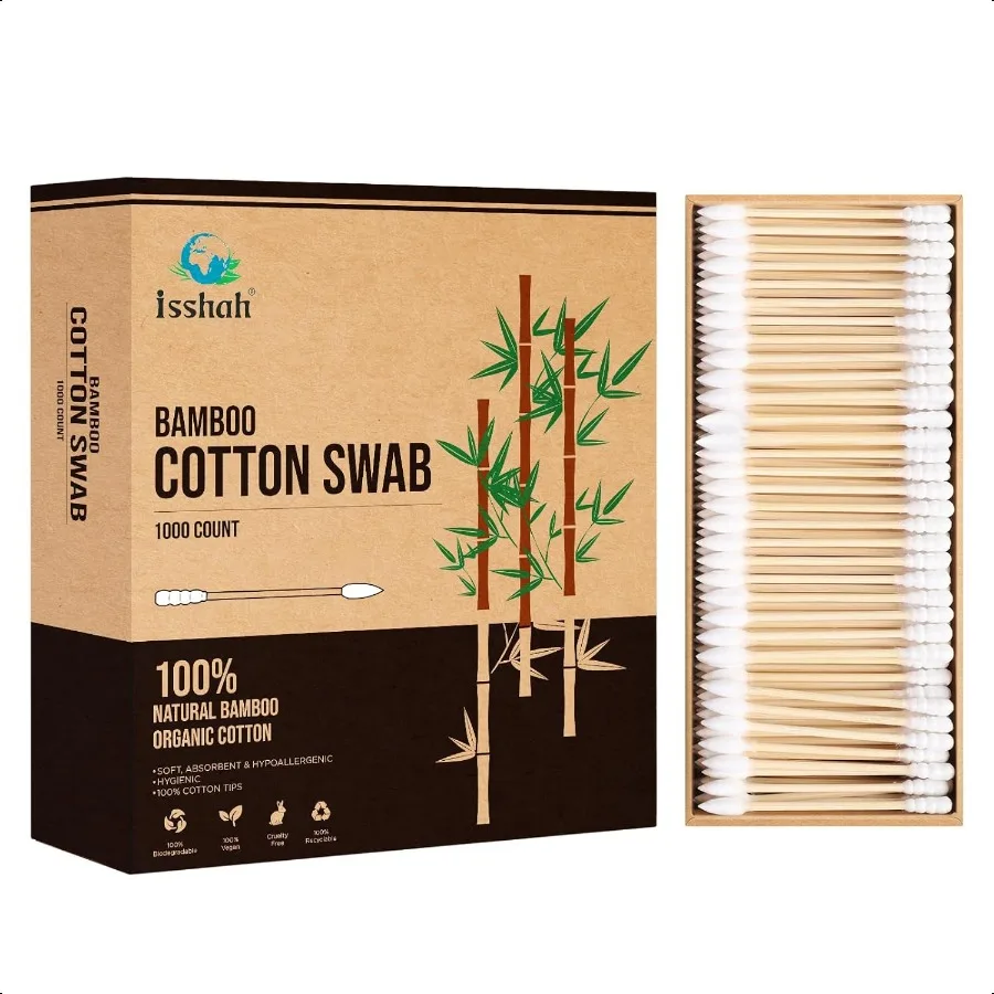 Hisopos de algodón de bambú, 1000 cabezales en espiral puntiagudos, 100 bastoncillos de algodón biodegradables, desmaquillante Natural sostenible, Co orgánico