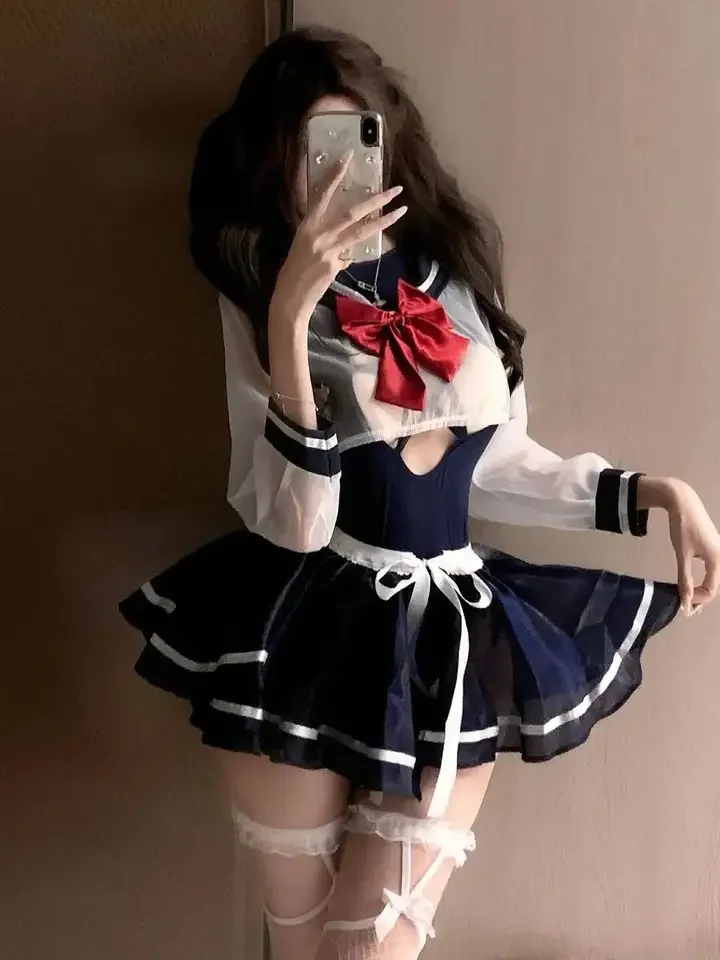 

Sexy Long Sleeve See Through College Style Uniform Hot Hollow Out Navy Sailor Cosplay Sweet Hot Sexy Women Mini Dress 8O3F