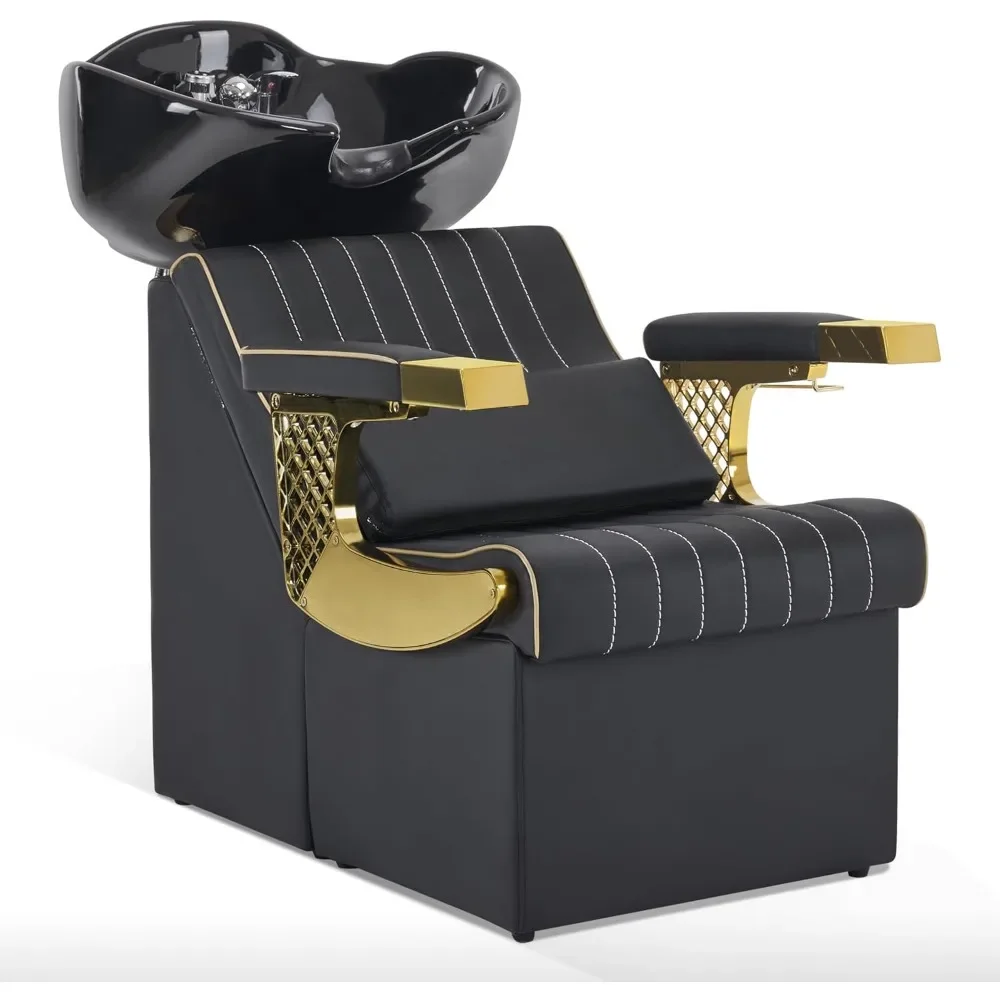 Silla y unidad de cuenco para estación de champú de retrolavado, lavabo de cerámica de porcelana, silla de peluquero con champú negro y dorado con interruptor de vacío
