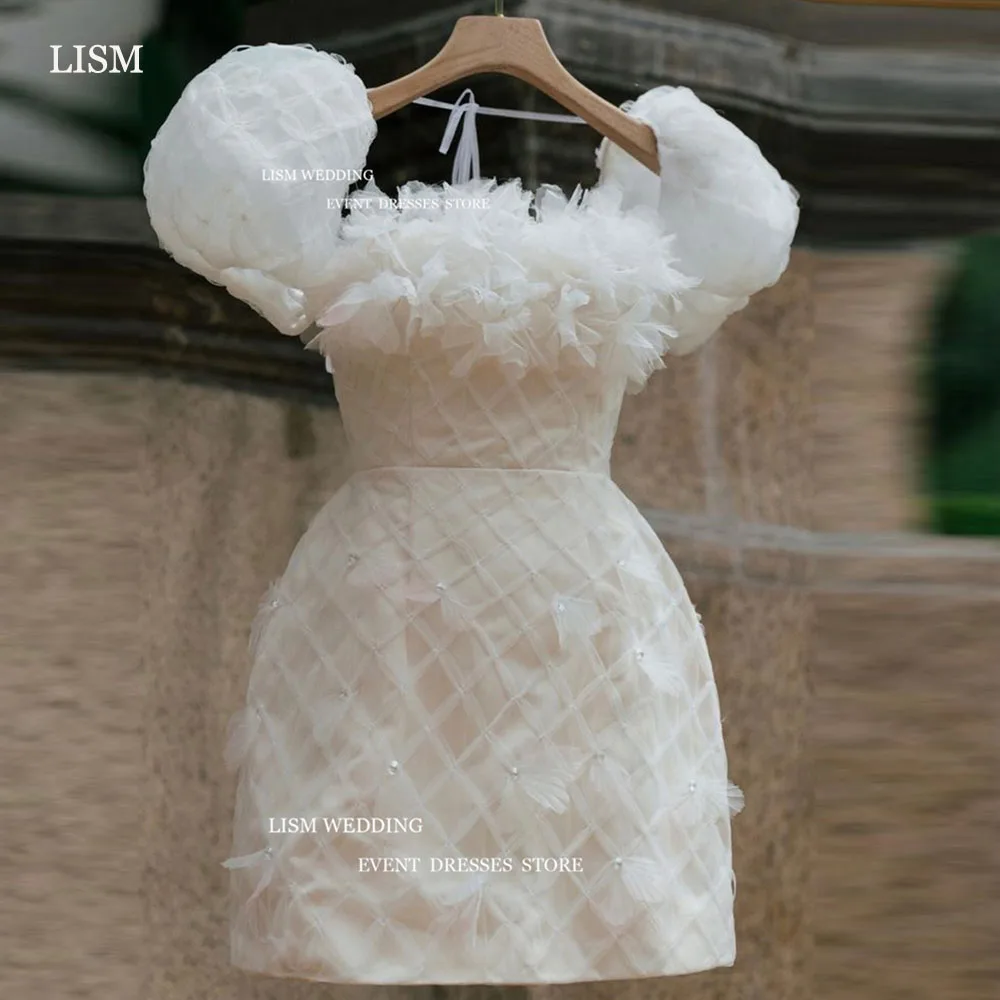 

LISM Elegant Pearls Lace Short Party Dresses Women's Puff Sleeves Fairy Formal Occasion Dress A-Line Mini Cocktail Dresses 2024