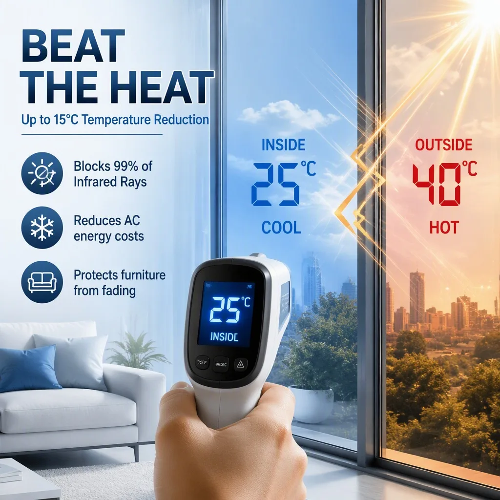 One Way Mirror Privacy Window Film Sun Block Heat Control UV Protection Static Cling Removable for Home Office Glass Door