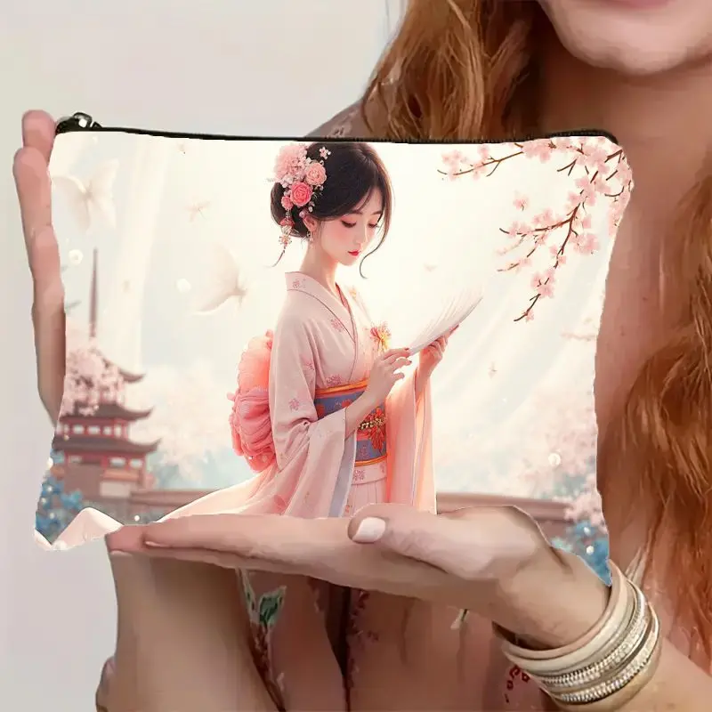 Elegant Japanese Kimono Lady Print Cosmetic Bag Sakura Blossom Butterfly Design with Color Stable Portable Makeup Pouch
