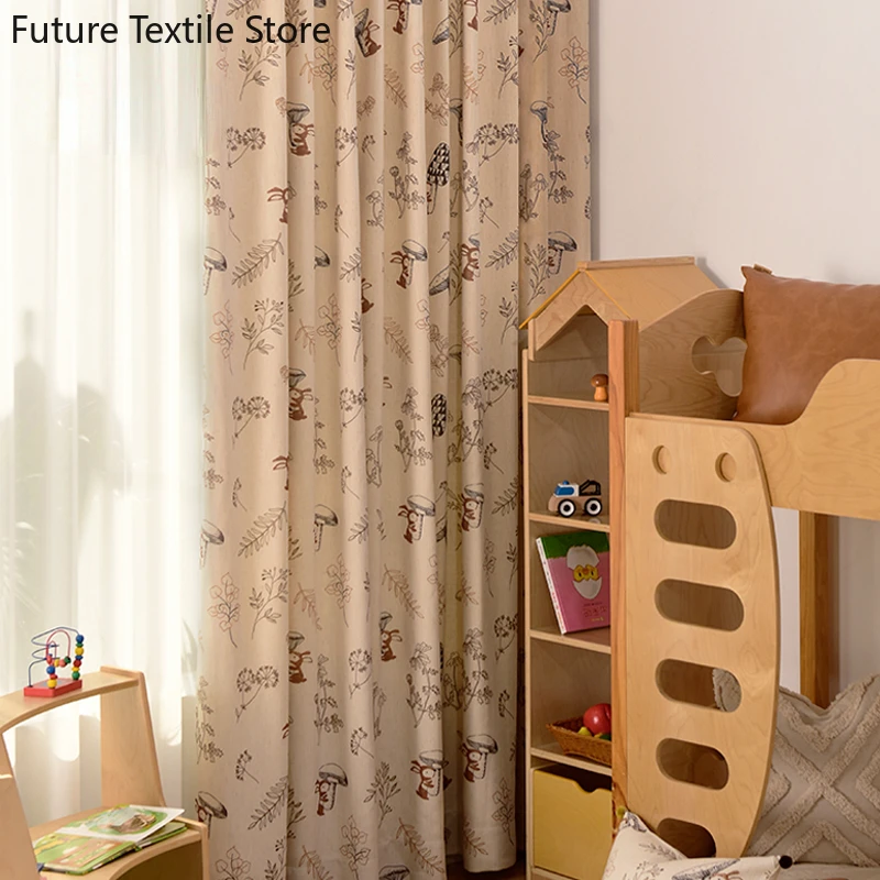 

Children's curtain Japanese series log wind bunny linen children's bay window shading cute light beige modern American style