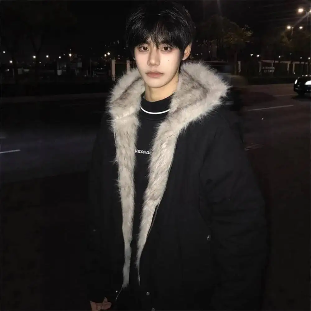 

Men's Fur Collar Fleece-lined Coat 2025 Winter Thickened Cotton Jacket Large Fur Collar Hooded Warm Short Style Padded Outerwear