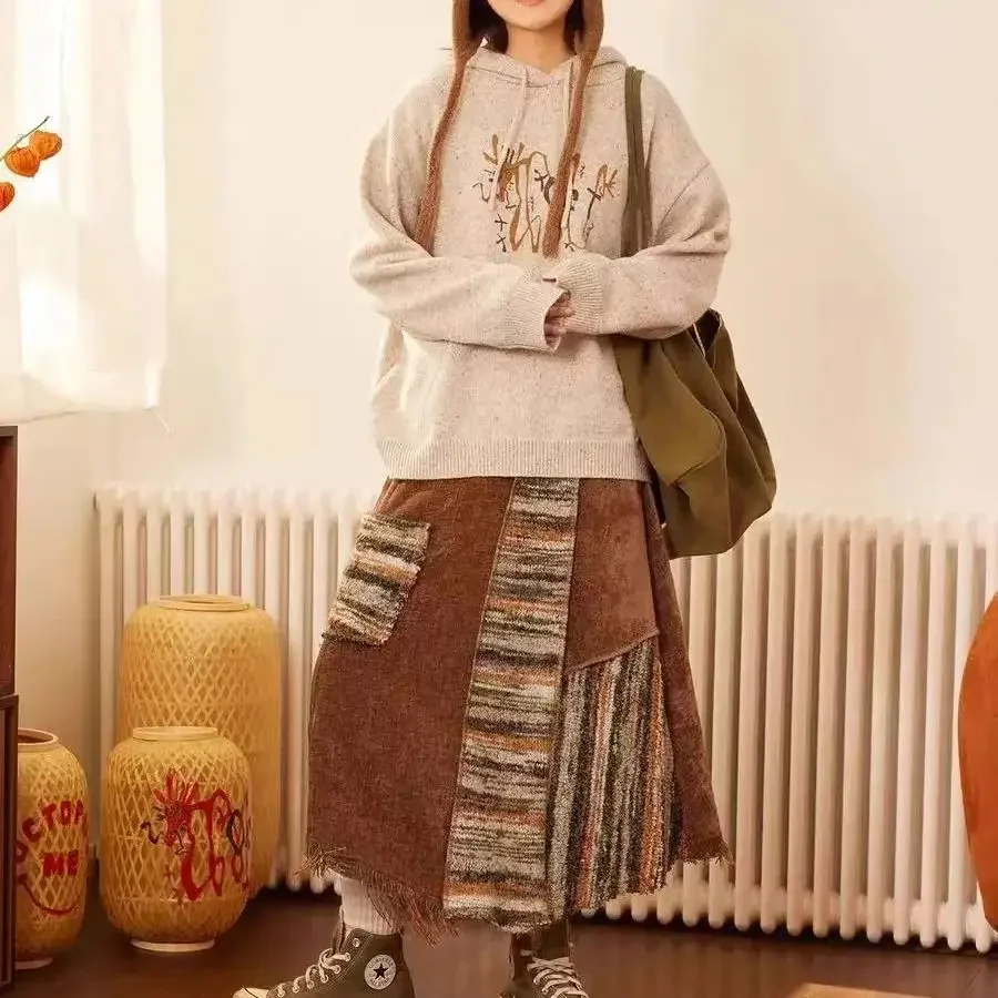 กระโปรงโบฮีเมียนพิมพ์ลายแฟชั่นใหม่สำหรับผู้หญิง กระโปรงทรงเอแบบลำลอง ตัดต่อสีตัดกัน ทรงเอไลน์ ไม่สมมาตร สำหรับฤดูใบไม้ร่วง