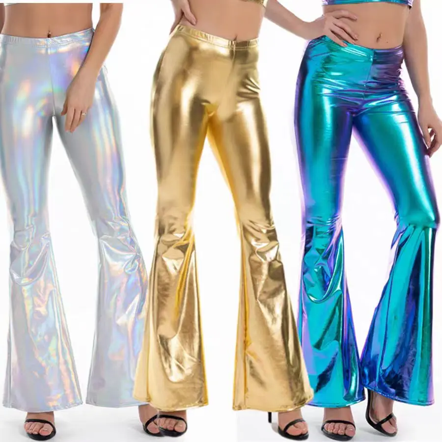 

Women's Gold Patent Leather Pants High Waisted Flared Pants Laser Silver Faux Leather Slim Fit Bell Bottom Trousers