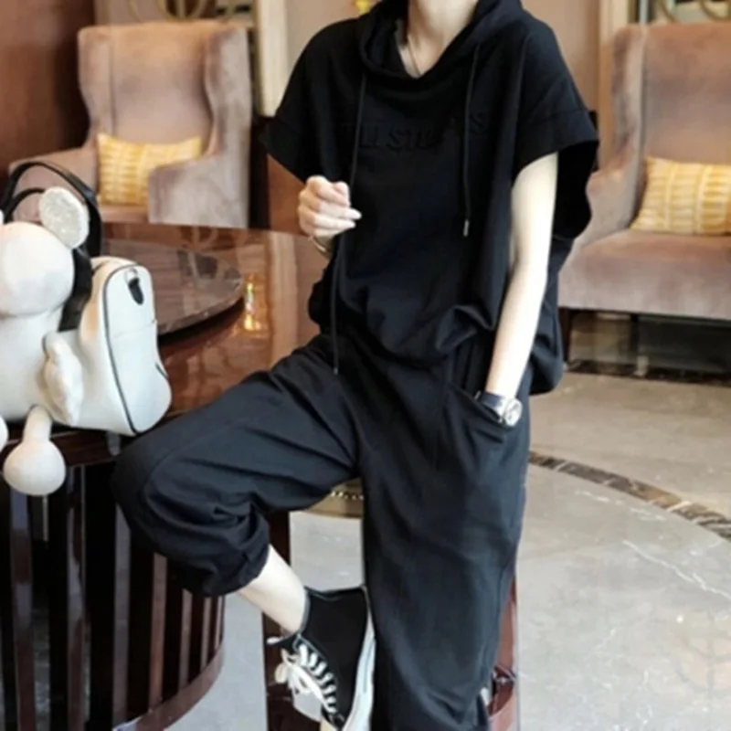 2 pieces women sets 2026 sportswear fashionable letter hoodies+calf-length pant Spring Summer two pieces sets women's clothing