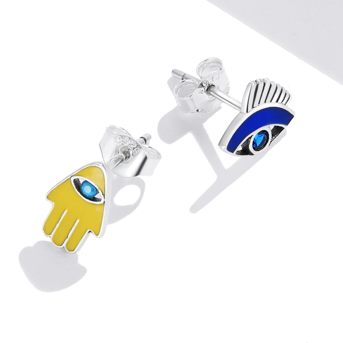 

Blue Devil's Eye Earrings Yellow Lucky Hand S925 Sterling Silver Asymmetrical Earrings