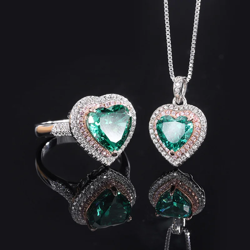 

S925 Sterling Silver Luxurious Heart Shape High Carbon Diamond Emerald Pendant Necklace Ring Women Wedding Anniversary Jewelry