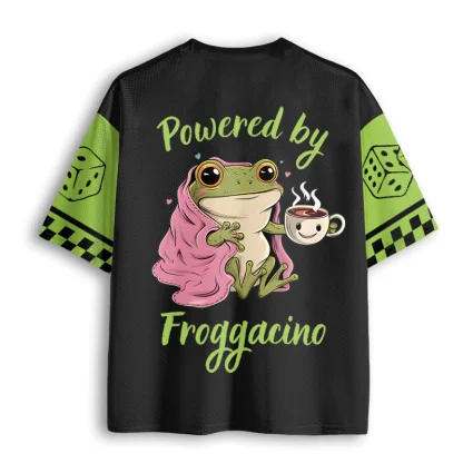 Funny Coffee Frog Cartoon Print Mesh Jersey V Neck Short Sleeve T-shirt