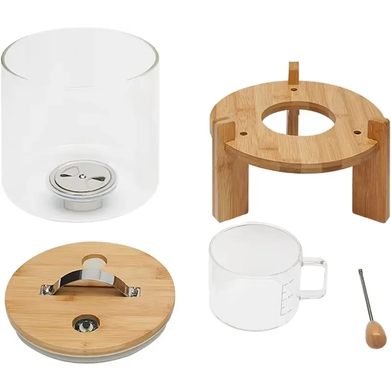 Cereal Dry Food Dispenser Grain Beans Storage Container Glass Tank Rice Dispenser with Valve Lid Measuring Cup and Wooden