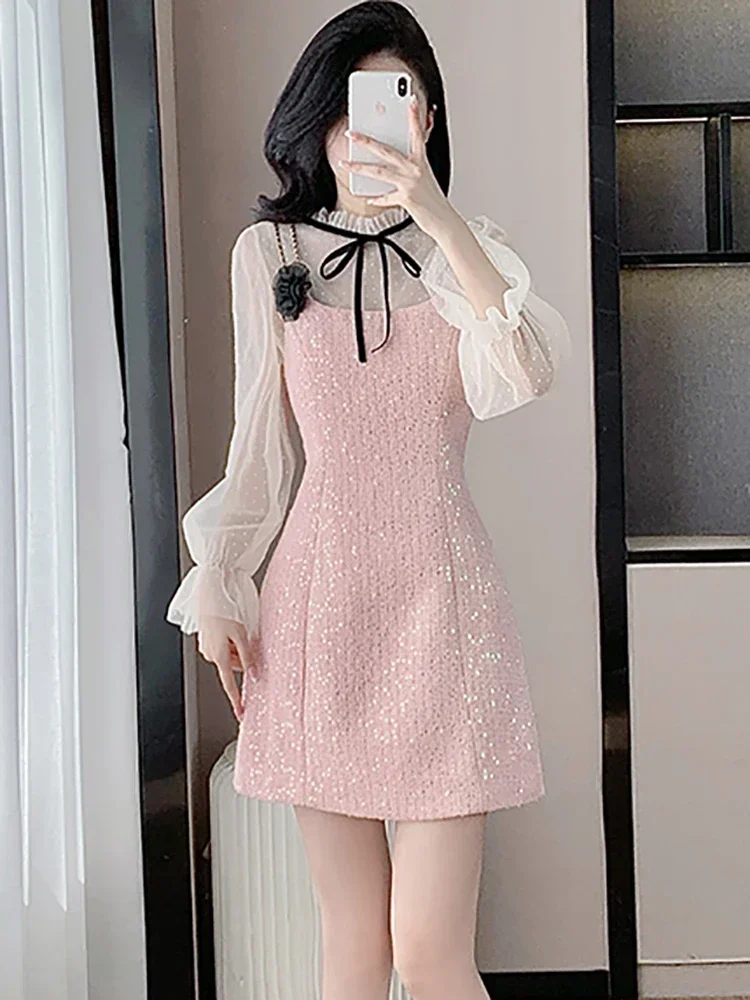 Women Pink Sequins Patchwork Mesh Sheer Dress Sets Autumn Winter Elegant Bow Ruffled Collar Dress 2024 Korean Luxury Party Dress