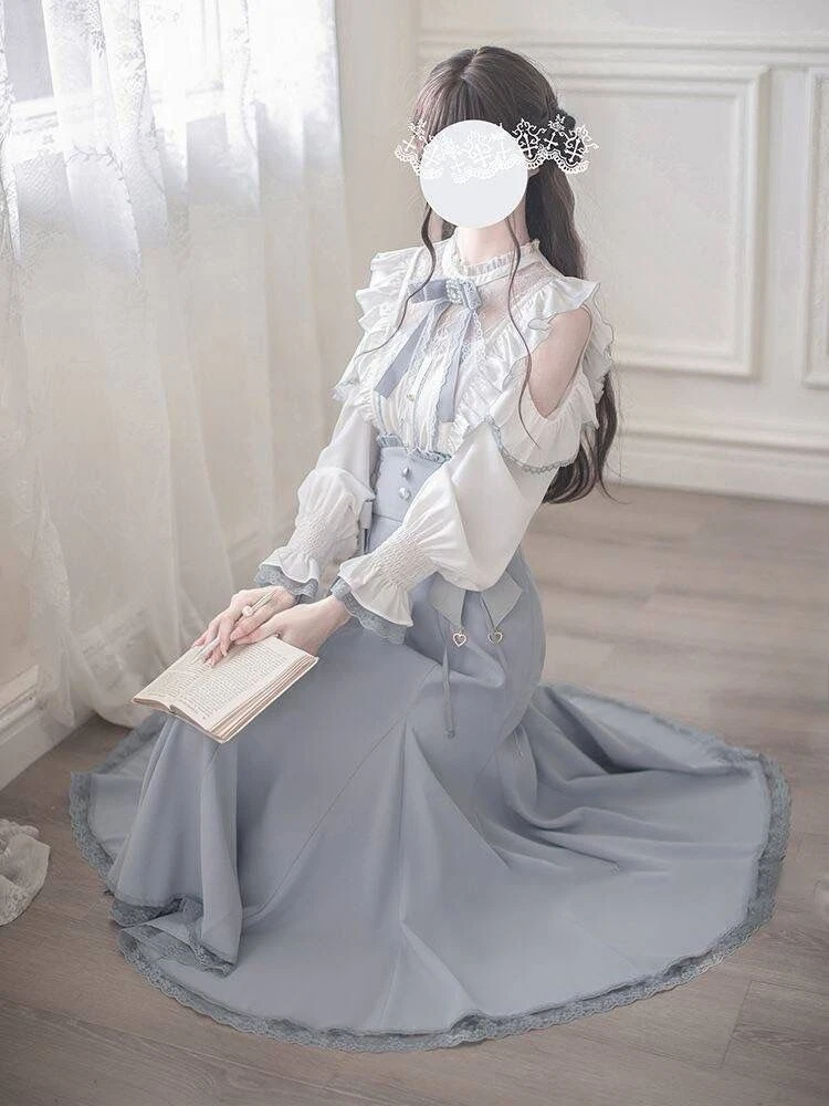 Lolita Style Japanese Sweet 2 Piece Set Woman Sweet Casual Bow Shirt High Waist Elegant Slim Midi Skirt Fashion Lace Skirt Set