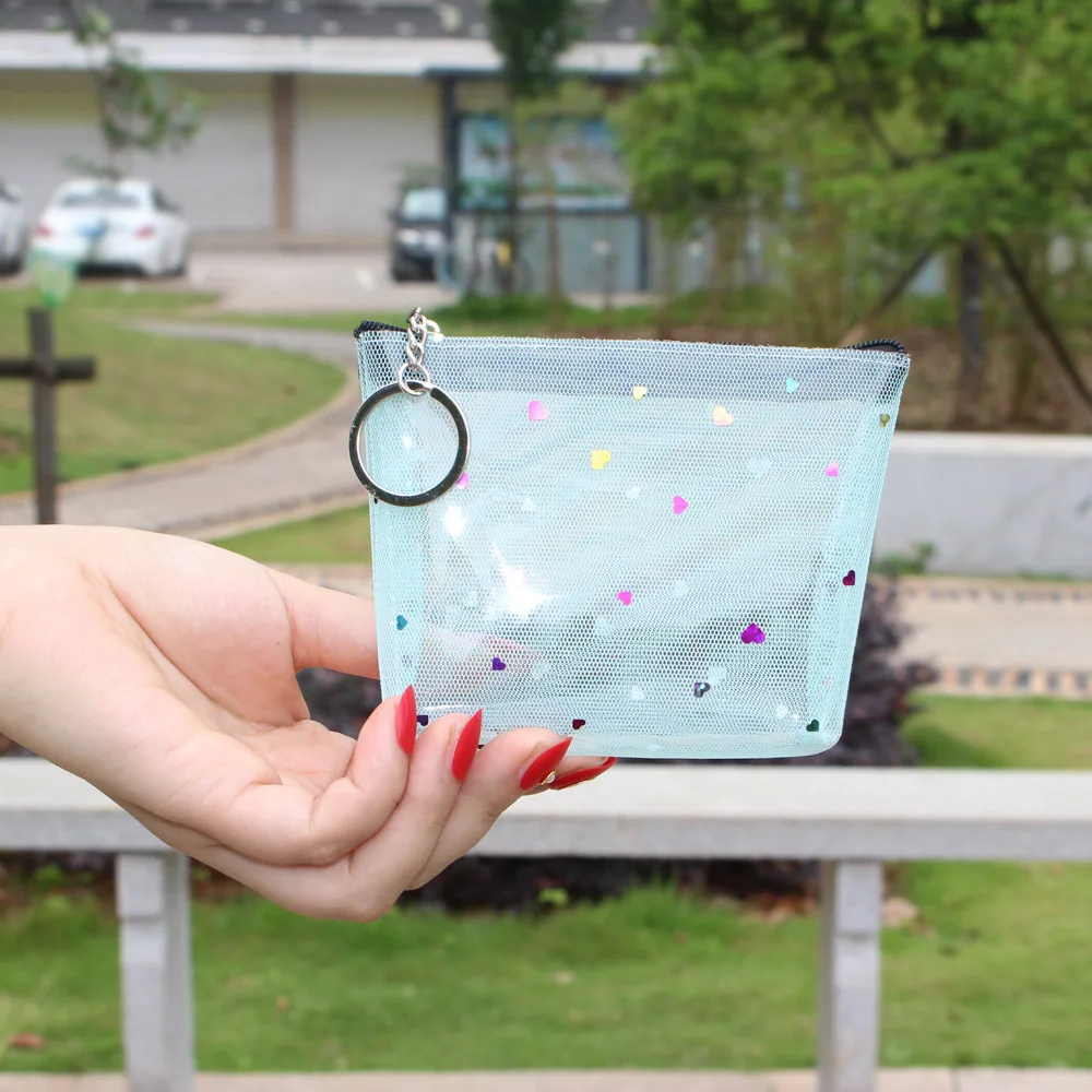 Heart Sequin Mesh Coin Purse Transparent Zipper Mini Waterproof Cosmetic Bag with Key Ring Girls Small Storage Pouch