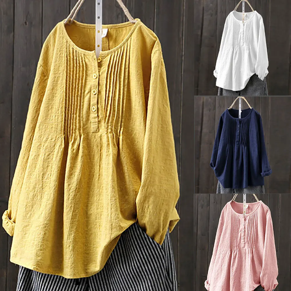 Women Vintage Solid Cotton and Linen Blouse Casual Autumn Summer Long Sleeve O Neck Button Loose Shirts Oversized Tops