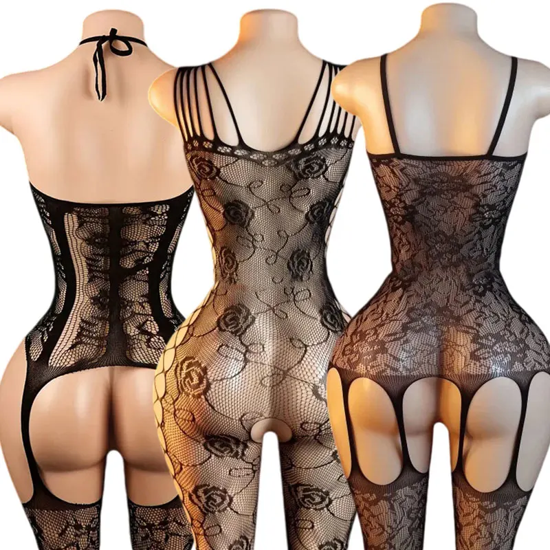 Porn Crotchless Lingerie Women's Hot Tights Fishnet Bra Bodysuit Set  Costume Transparent Underwear  Body Stockings