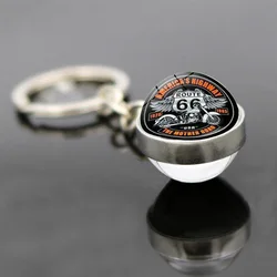 Route 66 Keychain United States Highway Sign National Flag Letter Decoration Pendant Glass Ball Fashion Traveler Car key Chain