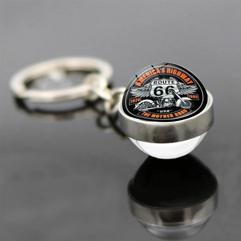 Route 66 Keychain United States Highway Sign National Flag Letter Decoration Pendant Glass Ball Fashion Traveler Car key Chain