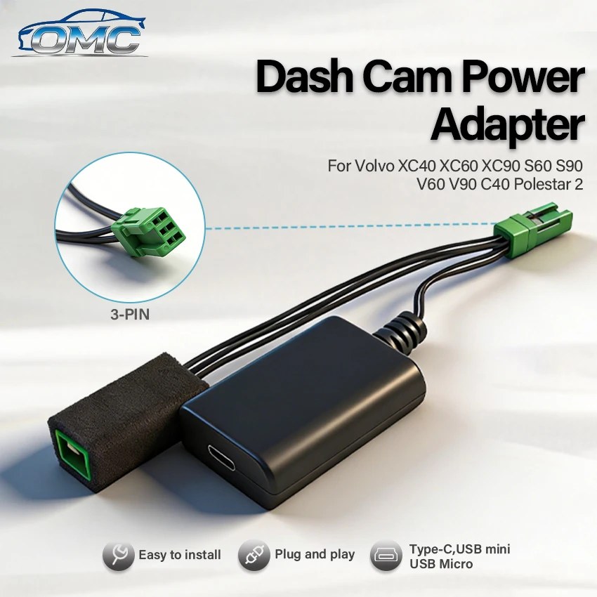 

Plug and Play Car Dvr Power Adapter 3-Pin Interface Type-C USB DashCam Camera For Volvo XC40 XC60 XC90 S60 S90 V60 C40 Polestar2