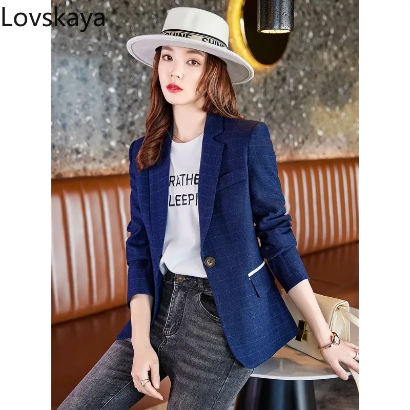 

Офисный Женский блейзер с длинным рукавом, официальный блейзер в черную, розовую, синюю клетку, пальто на весну и осень